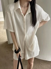 Livesso Women's Summer Short Sleeve Shirt Top And Loose Shorts 2 Pieces Set Lounge Sets For Women Short Sets For Women School - White - View 5