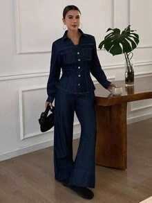 Livesso Höst/Vinter Nytt Löst Casual Urban Stil Dam Denim 2-delat Set - Blå - Visa 1