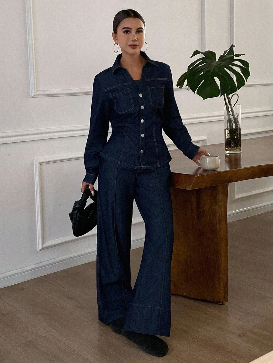 Livesso Höst/Vinter Nytt Löst Casual Urban Stil Dam Denim 2-delat Set - Blå - Visa 1