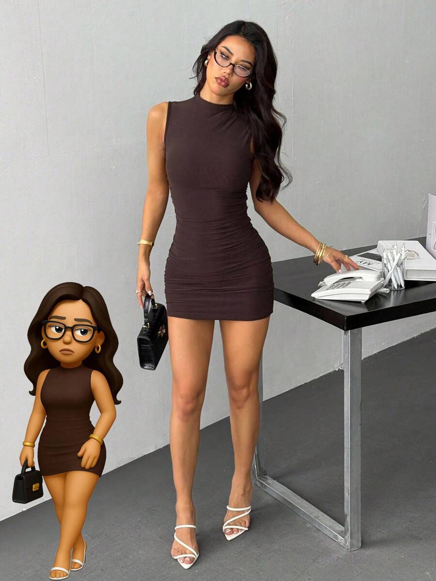 SHEIN PETITE 休闲时尚性感修身纯色无袖女式连衣裙迷你棕色短裙办公室装迷你连衣裙办公室连衣裙，女士优雅连衣裙 - 咖啡棕 - 查看 1