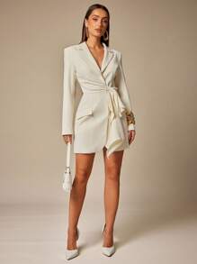 Silquee 高端系列秋冬纯米色早秋时尚女装适合上班办公室女士商务休闲女装西装套裙垂坠丝带设计，不对称设计高端西装套裙，一字肩棉质设计，优雅淑女女装，端庄大方简约简约长袖时尚连衣裙，适合日常穿着，优雅西装套裙，适合日常约会，夜间办公室，夜店，聚会，派对 - 杏色 - 查看 1