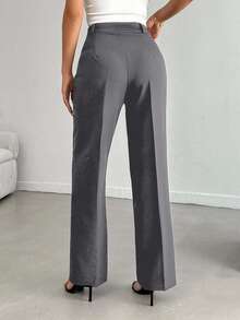 SHEIN Cottnline Straight Pants For Women With High Waist And Elegant Solid Color With Button And Zipper Detail - Dark Grey - View 2
