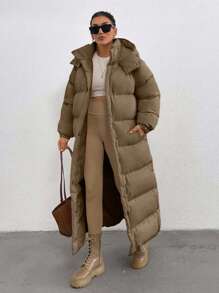 EURMUSE Keep Warm Feature, Maxi Lenght, Side Popper Detailed Puffer Winter Coat - Dark Grey - View 3