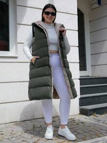 EURMUSE Plus Size Zip Up Drawstring Hooded Puffer Vest Coat - Army Green - View 5