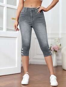 EURMUSE 女士时尚休闲口袋牛仔七分裤 - 灰色 - 查看 3