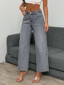 EURMUSE High Waist Light Wash Crop Straight Jean - Grey - View 5