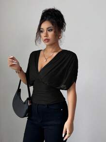 Elenzga Women's Spring/Summer Mesh Elastic Knit Lining Elegant Vacation Beach Commute Casual French Romantic Criss-Cross Shirred Gathered Shoulder Sleeve Waist Ruched Drawstring Ruffle Hem T-Shirt - Black - View 7