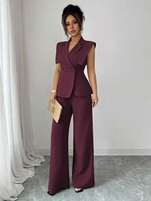 Elenzga Bộ vest nữ thanh lịch thường ngày với áo cánh không tay và quần cạp chun, phù hợp đi làm, đi nghỉ, trà chiều, tiệc tùng, xuân/hè - Màu Tím - Xem 6