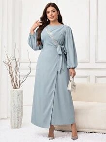 Veilorie Robe élégante à manches lanternes, col rond, avec décoration de perles fausses et nœud sur le côté pour femmes grandes tailles - Vert - Voir 5