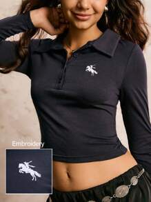 Easelle Camiseta de manga larga de punto con estampado ecuestre para mujer en color azul marino