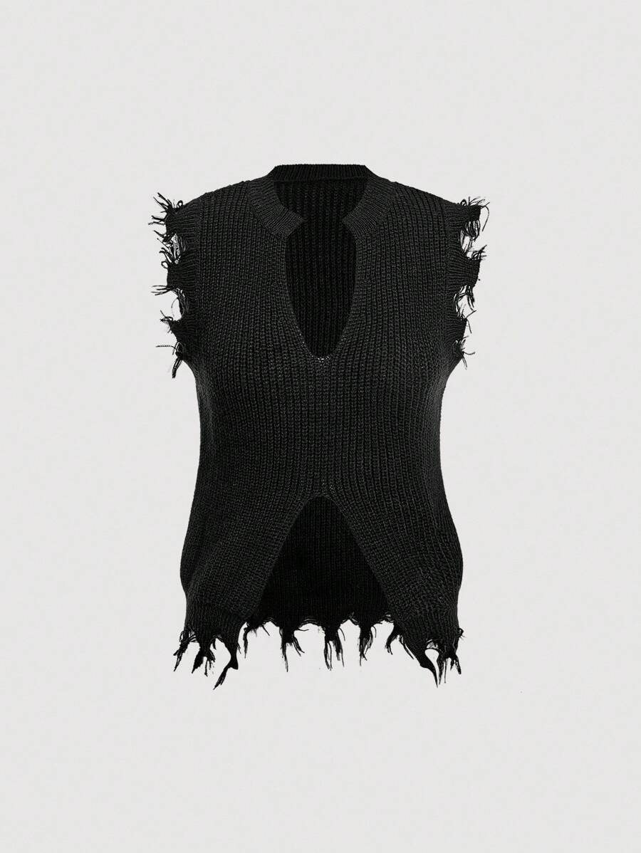 Skyraze 女士纯色V领休闲针织毛衣 - 黑色 - 查看 1