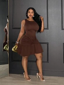Veslaya Nuevo vestido elegante de primavera/verano para fiesta, cita elegante, noche y mini vestido, ajustado de color marrón sólido sin mangas con pliegues en la cintura, volantes en el bajo, tela elástica de punto, tallas grandes para mujer - Marrón - Ver 3