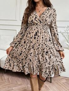SHEIN Maternity Allover Print Shirred Lantern Sleeve Gathered Waist Elegant Dress Leopard Print Midi Dress Long Sleeve Midi Dress  Fall Women Clothes  Fall - Khaki - View 3