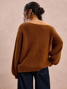 Freevana Áo len cổ lệch màu trơn dáng rộng, cỡ lớn, thích hợp mặc mùa Thu/Đông cho nữ, phong cách Halloween, trang phục phương Tây, áo len Boho, áo len trễ vai, áo len phong cách Rave, áo len mùa Đông thu, phong cách Fairycore, áo len công sở, áo len dự tiệc, áo len màu cam cháy. - màu nâu - Xem 2