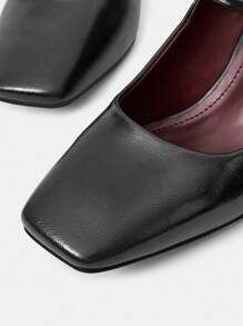 Mnmlis 优雅黑色 PU 双带方头粗跟高跟鞋 - 黑色 - 查看 4