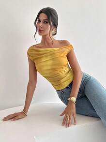 Firerie Women's Asymmetrical Neck Ombre Print Ruched T-Shirt, Asymmetric Shoulder Yellow Top, Suitable For Spring/Summer, Beach, Commute, Elegant, Sexy, Vacation, Bohemian, Hawaii, Music Festival, Romantic, Date - Yellow - View 3