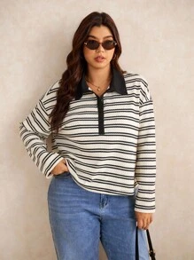 Elaquor 大尺碼女款休閒傳統 90s 80s 極簡條紋撞色 Polo 領 T 恤，秋季教師節，黑白配色 - 黑與白 - 查看 7