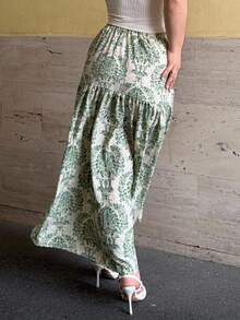 Jeta Ari 女士松紧腰宽松波西米亚花卉印花半身裙 - 綠色 - 查看 4