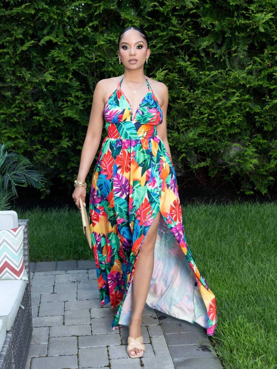 Melissa Matos Women Casual Holiday Deep V Neck Backless Ruched Split Thigh Maxi Dress With Botanical Print - Multicolor - View 1