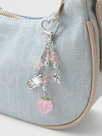 Kawaii 1 pièce Petit et polyvalent mini porte-téléphone avec perles en cristal acrylique argenté CCB, nœud papillon, pendentif pêche, porte-clés DIY et accessoire de sac, convient aux femmes, aux filles, à un usage quotidien, cadeau de vacances