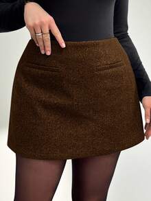 Auralis Plus Size Ladies Autumn And Winter Fashion Elegant And Comfortable Daily Basic Versatile Slim Brown Skirt With Lining Shorts,Fall,Winter Skirt - Coffee Brown - View 6