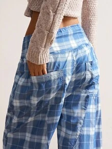 Bohemela 女士休闲梭织格子宽松裤 - 淺藍色 - 查看 7