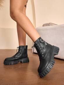 Daringsoles 女士扣环设计拉链厚底休闲踝靴，适合日常穿着 - 黑色 - 查看 4