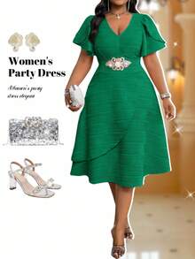 Fleurora 春夏优雅婚礼鸡尾酒会音乐会/音乐节粉色针织纹理不对称领口不对称领口喇叭泡泡袖3D玫瑰中长短袖大码连衣裙女士夏季服装女士夏季连衣裙婚礼宾客礼服女士夏季连衣裙女士正式礼服女士生日礼服 - 墨綠色 - 查看 3