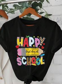 SHEIN LUNE 大码女式夏季口号和铅笔印花宽松休闲短袖 T 恤，背面上衣，适合学校，适合老师 - 黑色 - 查看 1