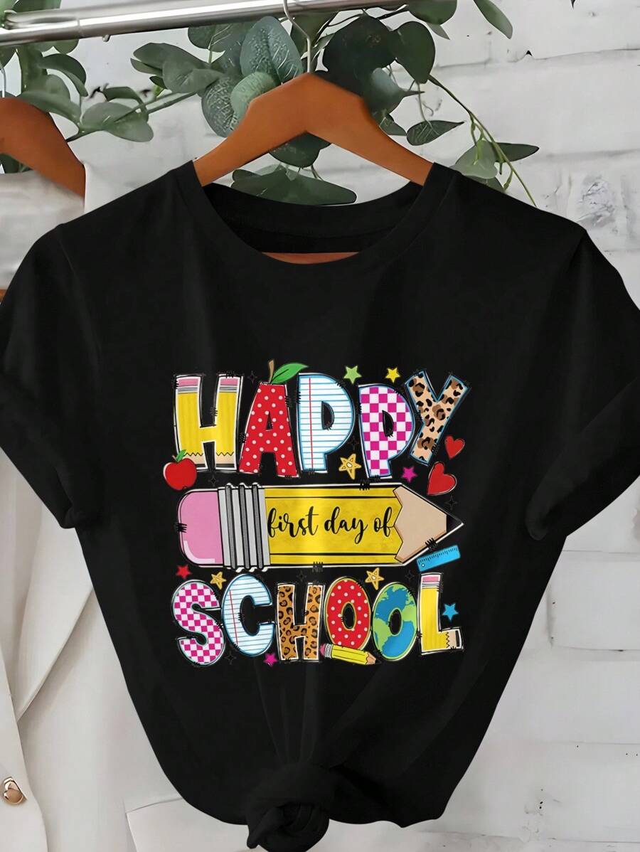 SHEIN LUNE 大码女式夏季口号和铅笔印花宽松休闲短袖 T 恤，背面上衣，适合学校，适合老师 - 黑色 - 查看 1