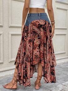 Vivid Eden 女式休闲牛仔裙，拼布设计 - 深色水洗藍 - 查看 2