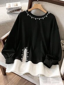 Lacomfia Damska luźna bluza z okrągłym dekoltem i długim rękawem, zdobiona perłami, swobodna, codzienna i uniwersalna, w dużych rozmiarach