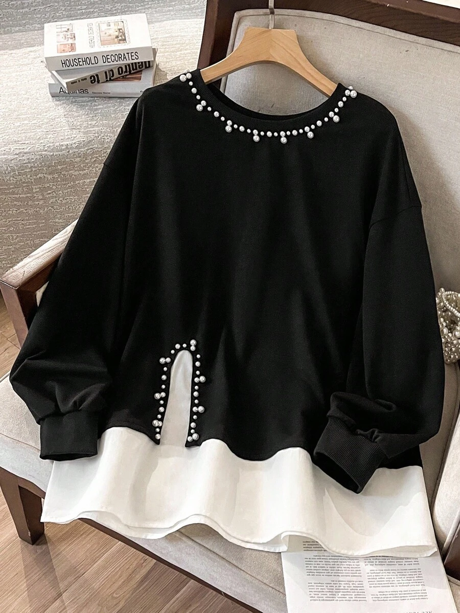 Lacomfia Damska luźna bluza z okrągłym dekoltem i długim rękawem, zdobiona perłami, swobodna, codzienna i uniwersalna, w dużych rozmiarach