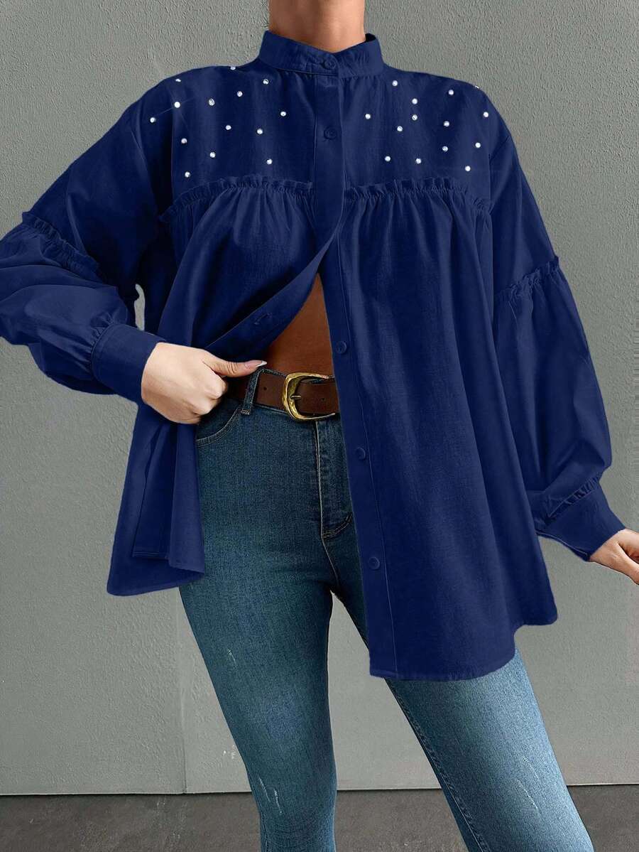 EURMUSE 100%Cotton Women's Elegant Solid Color Stand Collar Lantern Sleeve Shirt With Ruffle Trim, Rhinestone Decoration And Pleats, Spring And Summer - Navy Blue - View 1