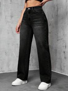 EURMUSE Casual Washed High Waist Straight Leg Jeans - Black - View 3