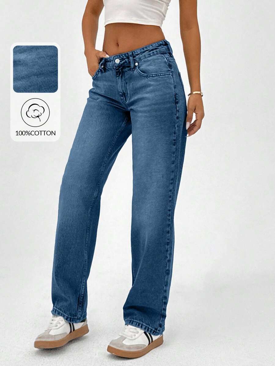 CasuGlow 100% Cotton LOW RISE STRAIGHT FIT VINTAGE WASH Y2K STYLE JEAN - Dark Wash - View 1