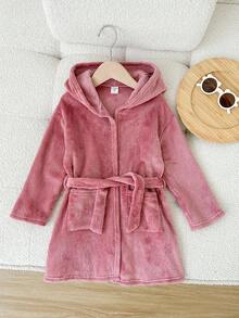 SHEIN 粉色女童可愛兔子圖案卡通刺繡連帽抓絨浴袍，秋季仙女之夜毛絨家居服，幼童小女孩可正反穿冬天睡袍 - 淺粉色 - 查看 4