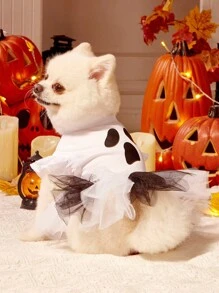 1pc Cartoon Scary Face Print White Mesh Patchwork Halloween Pumpkin Cute Cap Sleeve Dog Dress, Suitable For Cats And Dogs, For Halloween Party, PETSIN Original Design - Multicolor - View 3