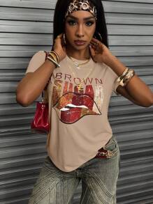 SHEIN Áo thun cổ tròn tay ngắn in chữ và phối màu thời trang mùa hè dành cho nữ - Màu Khaki - Xem 4