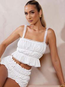 L'Amorae 女式三层网眼上衣，带蕾丝镶嵌细节 - 白色 - 查看 1