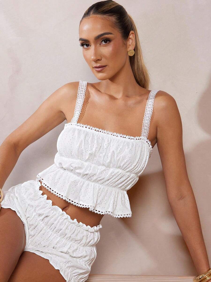 L'Amorae 女式三层网眼上衣，带蕾丝镶嵌细节 - 白色 - 查看 1