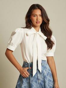 WESTFADE White,Summer,Elegant,Office 100% Cotton Poplin Bow Tie Neck Puff Sleeve Dolphin Hem Button Up Cute Top Autumn,Winter,Nashville Country Concert,Boho - White - View 5