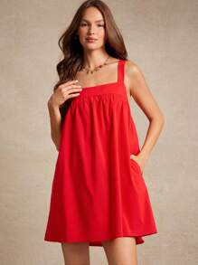 WESTFADE 纹理编织方领斜口袋迷你娃娃裙夏季西部牛仔女郎海滩度假装 - 紅色 - 查看 1