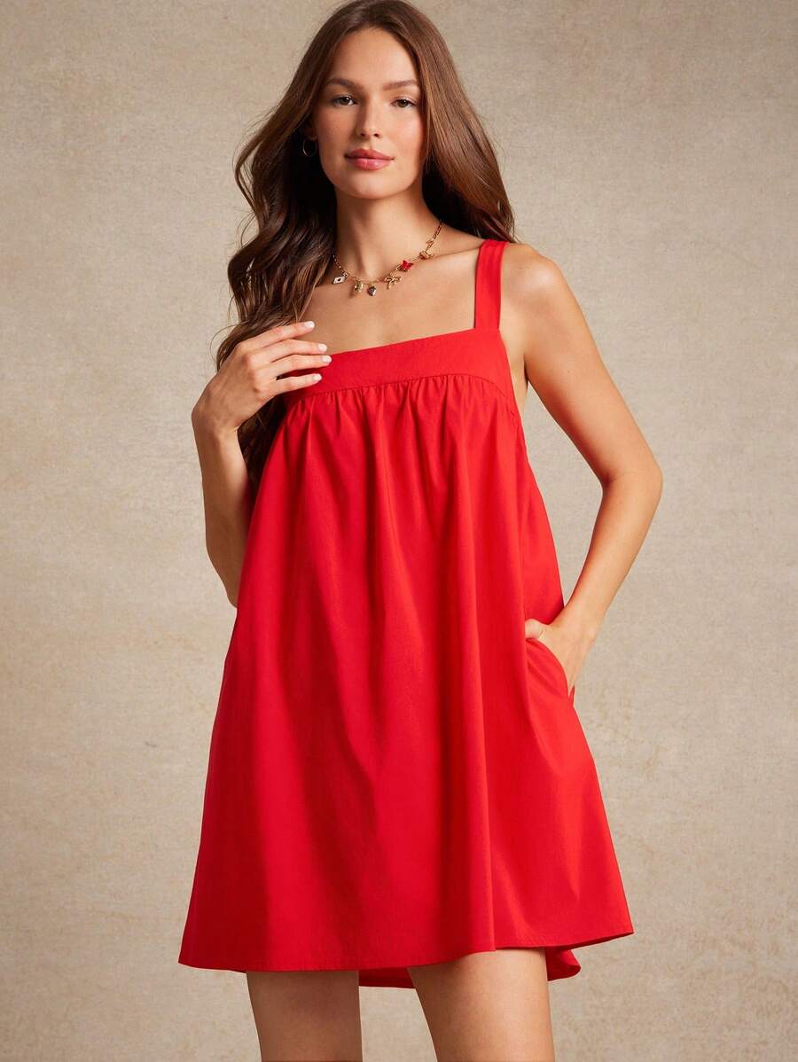 WESTFADE 纹理编织方领斜口袋迷你娃娃裙夏季西部牛仔女郎海滩度假装 - 紅色 - 查看 1