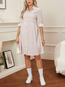 SHEIN Maternity Casual Commuter Striped Front Button Nursing Dress - Khaki - View 3