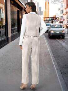 SHEIN Clasi 女装秋季新款无袖背心和西装裤两件套，适合通勤、休闲装、日常搭配 - 卡其色 - 查看 3