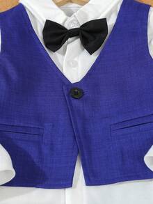 SHEIN 3 peças/Conjunto Roupa Formal de Gentleman para Bebê Menino - Inclui Camisa de Manga Longa com Gravata Borboleta, Colete de Abotoamento Simples e Calça Casual com Elástico na Cintura e Bolsos, Adequado para Casamentos, Convidados de Casamento, Dia das Mães, Volta às Aulas - Multicolorido - Visão 5