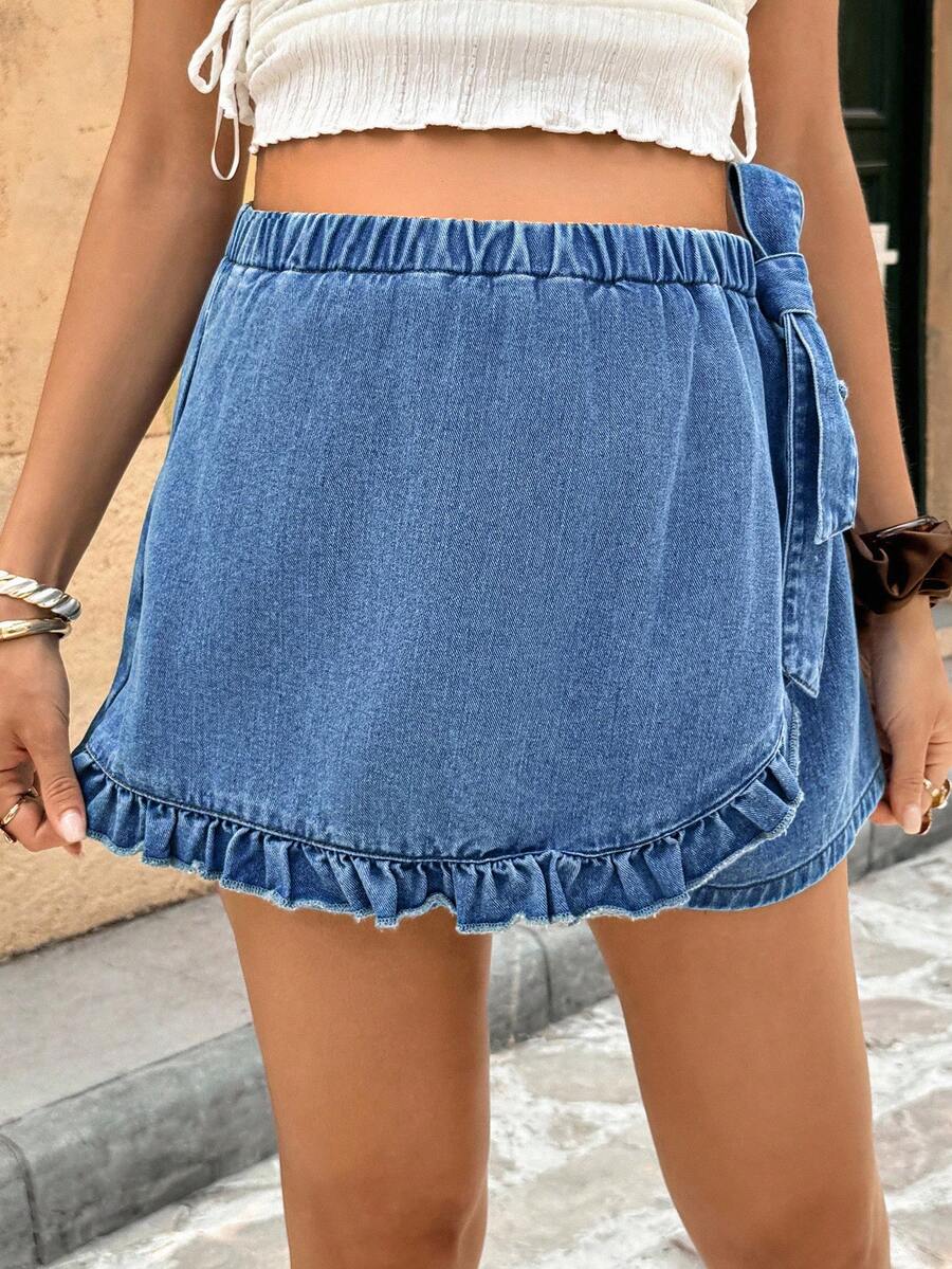 SHEIN 孕妇弹力腰侧系带荷叶边下摆休闲牛仔短裙