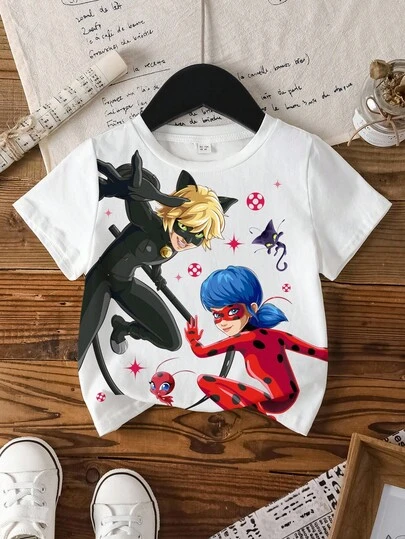 Miraculous Ladybug X SHEIN 年轻女孩卡通瓢虫和黑猫卡通人物印花短袖圆领休闲T恤，舒适夏季