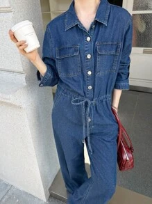 SHEIN Unity 女式秋季深牛仔蓝休闲通勤抽绳腰牛仔连体裤，秋季女装，外出服，商务休闲女装 - 中等水洗藍 - 查看 7